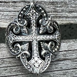 Scott Kay  Sterling Silver CZ Diamonique Filagree Cross Ring Size 7